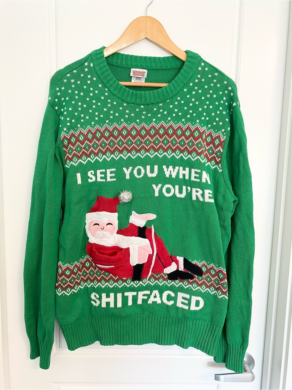 Spencer’s Ugly Christmas Sweater XL Shitfaced Santa Beer Pocket Green Adult